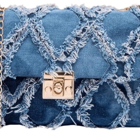 Women's Distressed Denim Crossbody Bag Twist Lock Quilted Handbag Mini Jean Purs - Picture 1 of 5